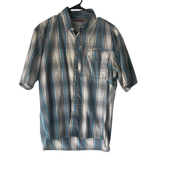 SIMS Men's Size Large‎ Blue Plaid Fishing Outdoor Vented Short Sleeve Button Up - Picture 1 of 10